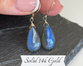 Labradorite Earrings, Blue Flash Labradorite Solid 14k Gold Teardrop Earrings, Real Gold Statement Jewelry, Large Blue Drops, Gift for her