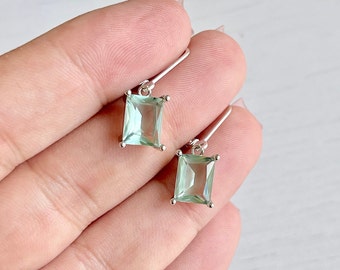 Green Amethyst Earrings, Mint Green Emerald Cut Dangle Drops in Gold or Silver, February Birthstone, Prasiolite Jewelry, Sage Gift for her