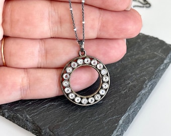 Rainbow Moonstone Statement Necklace, Large Moonstone Round Pendant in Oxidized Silver, June Birthstone, Black Satellite Chain, Gift for Mom