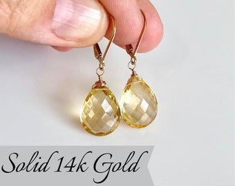 Yellow Topaz Earrings, Yellow Teardrop Statement Earrings in Solid 14k Gold, November Birthstone, Canary Yellow Drops, Mother's Day Gift