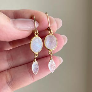 Rainbow Moonstone Earrings, June Birthstone, White Oval Two Stone Statement Earrings in Gold, Rainbow Moonstone Bezeled Jewelry Gift for her