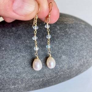 Pearl and Aquamarine Earrings, White and Blue Dangle Drops, Elegant Pearl Beaded Earrings Gold or Silver, June Birthstone, Gift for women image 2