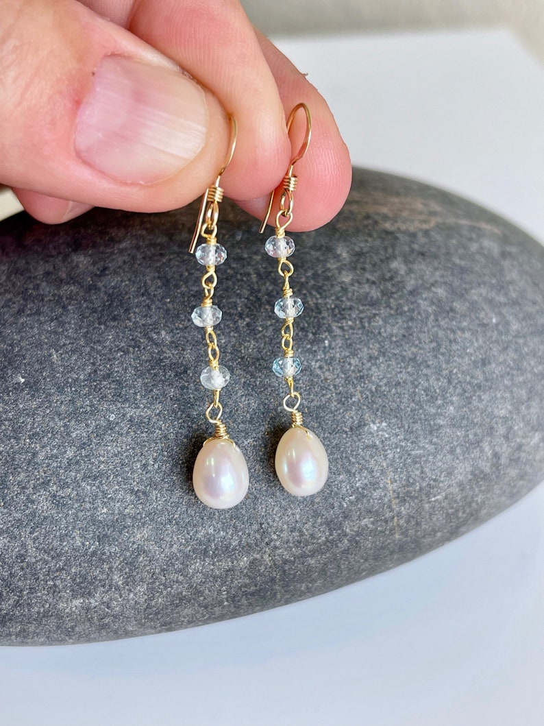 Pearl and Aquamarine Earrings, White and Blue Dangle Drops, Elegant Pearl Beaded Earrings Gold or Silver, June Birthstone, Gift for women image 2