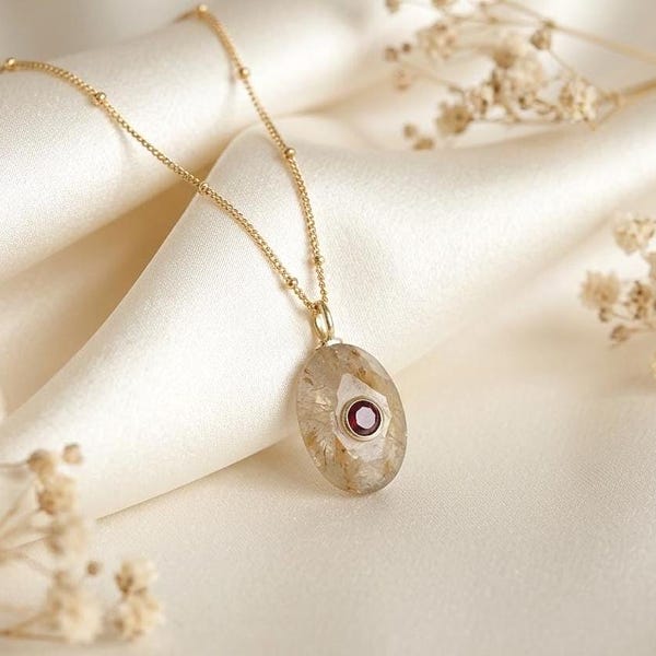 Golden Rutilated Quartz and Garnet Necklace, January Birthstone, Yellow and Red Inlay Oval Pendant on Satellite Ball Chain Gold Filled.