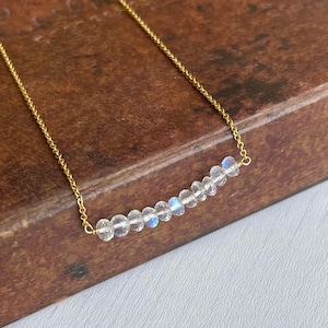 Rainbow Moonstone Necklace, June Birthstone, Moonstone Horizontal Bar Necklace, Minimalist Layering Jewelry Gold or Silver, Gift for women