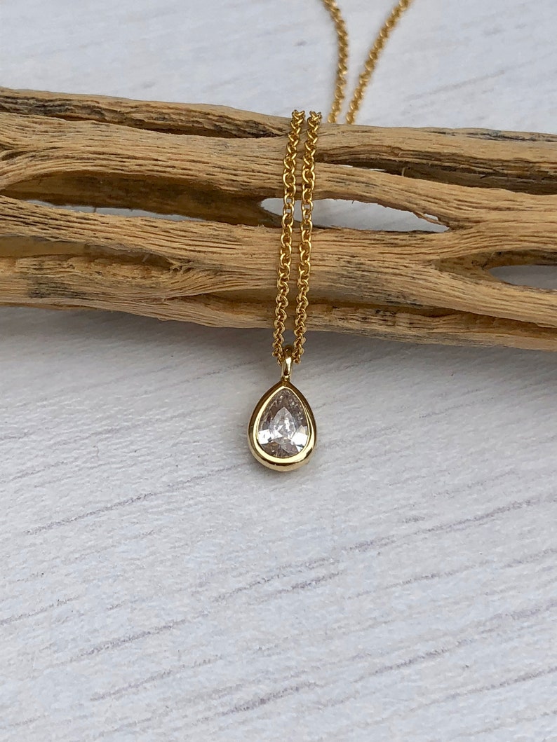 Tiny Drop Minimalist Necklace, Dainty Crystal Quartz Teardrop Pendant, Layering Everyday Jewelry, April's Birthstone, Gift for her, Silver image 6