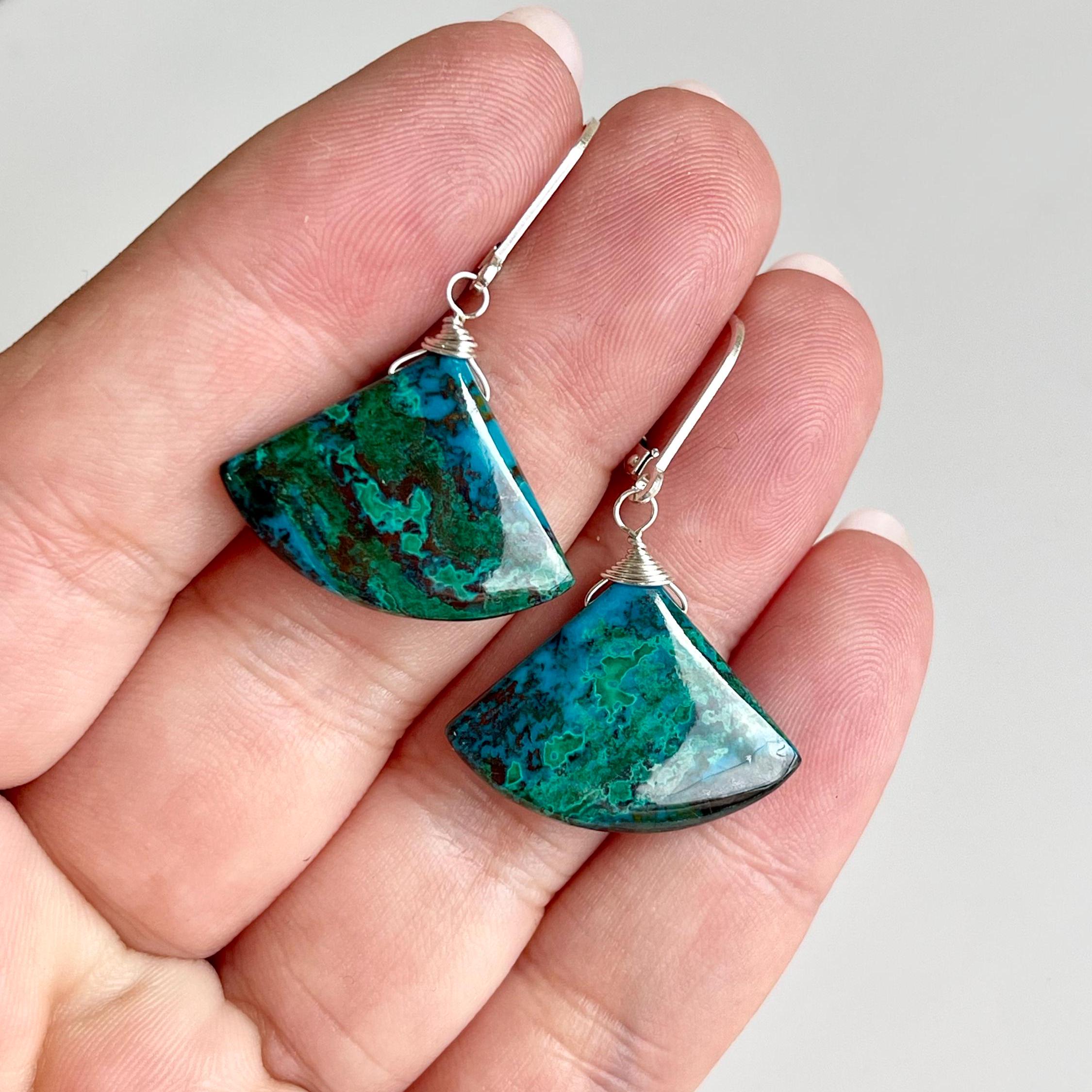 Azurite Malachite Earrings, Blue and Green Pattern Fan Shape Earrings in Sterling Silver, Elongated Azurite Smooth Drops, Elegant Mom Gift