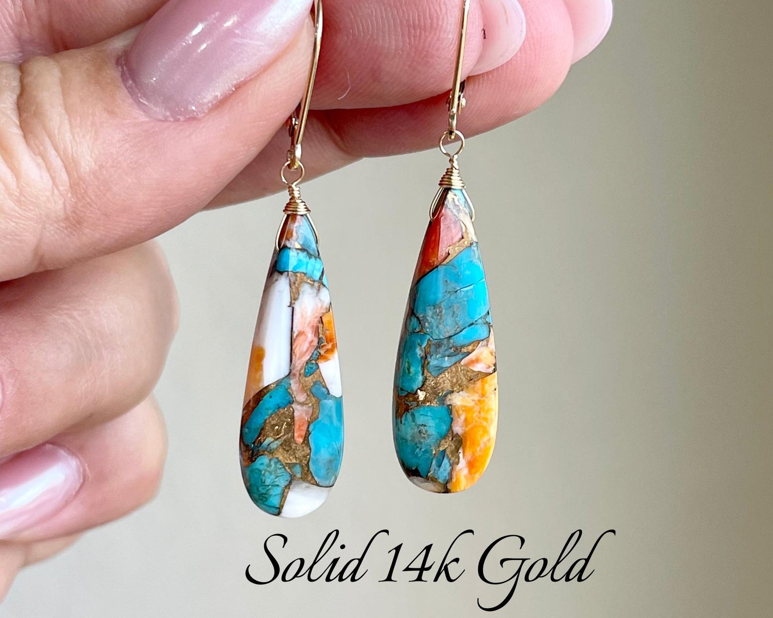 Oyster Turquoise Teardrop Earrings, Arizona Turquoise Solid 14k Gold Statement Earrings, December Birthstone, Real Gold Jewelry Gift
