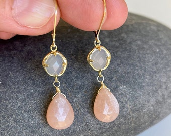 Orange and Gray Moonstone Earrings, Gray and Salmon Dangle Teardrop Gold Earrings, June Birthstone, Delicate Neutral Drops, Mom Elegant Gift