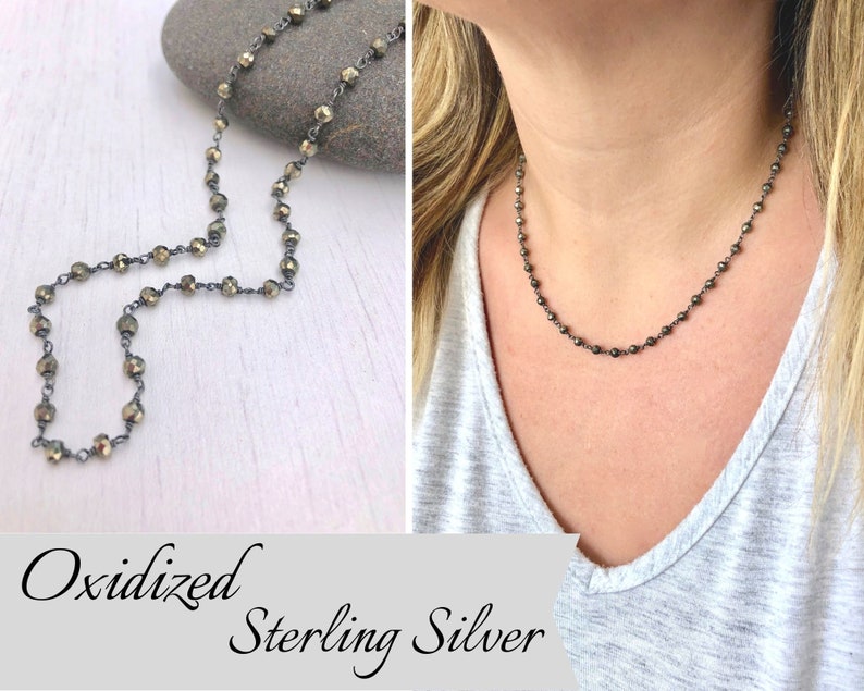Pyrite Necklace Short Silver Beaded Necklace wire wrapped chain Minimalist Necklace Pyrite Beaded Necklace Rosary style Boho Necklace