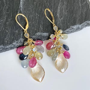 Natural Multicolor Sapphire Statement Earrings, September Birthstone, Multi Sapphire and Rutilated Quartz Cluster Earrings in Gold or Silver