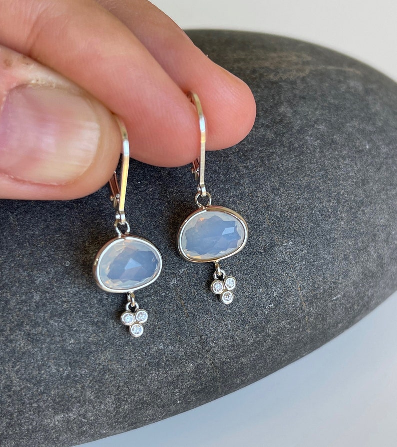 Opalite Earrings, White Opal Oval Earrings in Gold or Silver, Mint Minimalist Dainty Drops, October Birthstone Delicate Small Jewelry Gift image 8