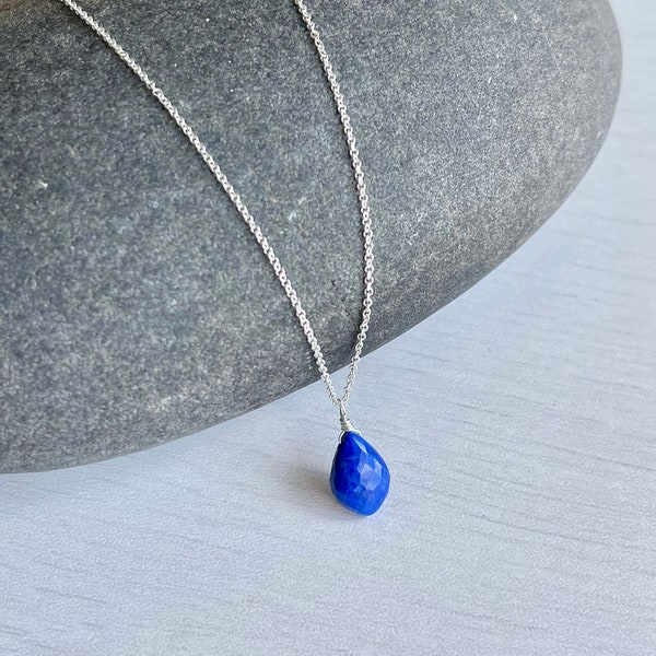 Lapis Lazuli Necklace, Lapis Teardrop Pendant, Dark Blue Drop Necklace, Blue Silver Necklace, September Birthstone, Simple Navy Gift for her
