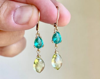 Green Apatite and Lemon Citrine Earrings, Teal and Yellow Dangle Earrings in Gold, Summer Drop Earrings, Elegant Mother's Day Gift for her