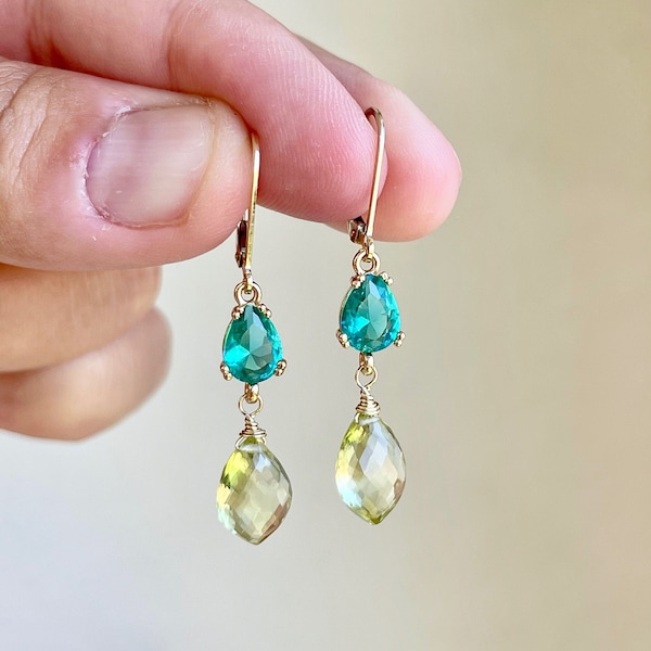 Green Apatite and Lemon Citrine Earrings, Teal and Yellow Dangle Earrings in Gold, Summer Drop Earrings, Elegant Mother's Day Gift for her