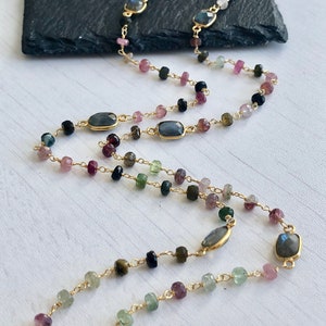 Watermelon Tourmaline Long Beaded Necklace, October Birthstone, Multicolor Gold Layering Necklace, Wire Wrapped Rosary Chain, Mom Wife Gift image 5