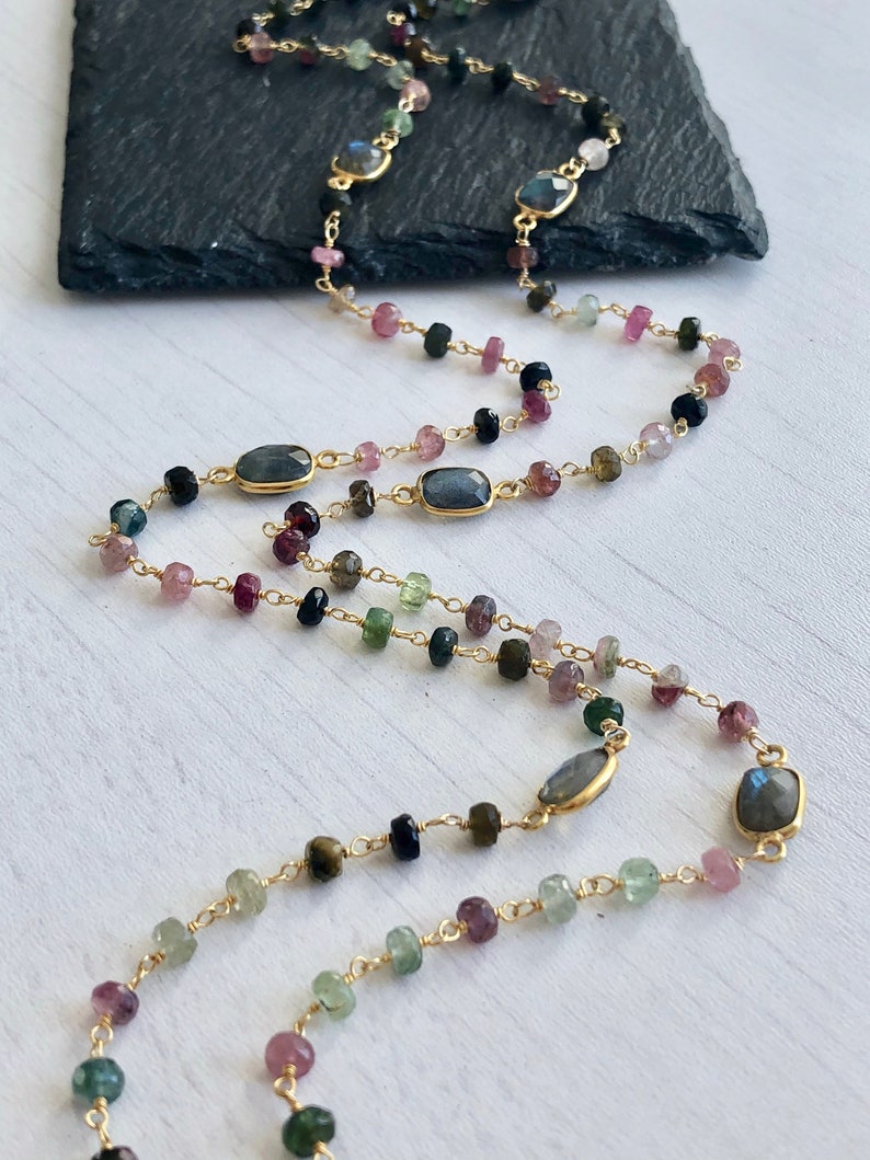 Watermelon Tourmaline Long Beaded Necklace, October Birthstone, Multicolor Gold Layering Necklace, Wire Wrapped Rosary Chain, Mom Wife Gift image 5