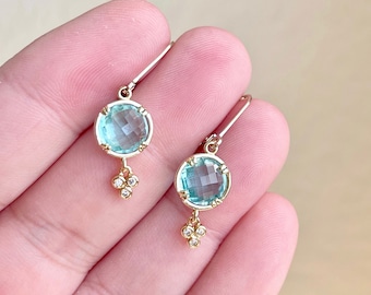 Blue Topaz Earrings, December Birthstone, Round Light Blue Earrings in Gold or Silver, Tiny Aqua Drops, Blue Jewelry Holiday Gift for women