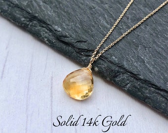 Yellow Topaz Necklace, November Birthstone, Yellow Topaz Teardrop Pendant, Solid 14k Gold, Real Gold Jewelry, Minimal Layering, Gift for her