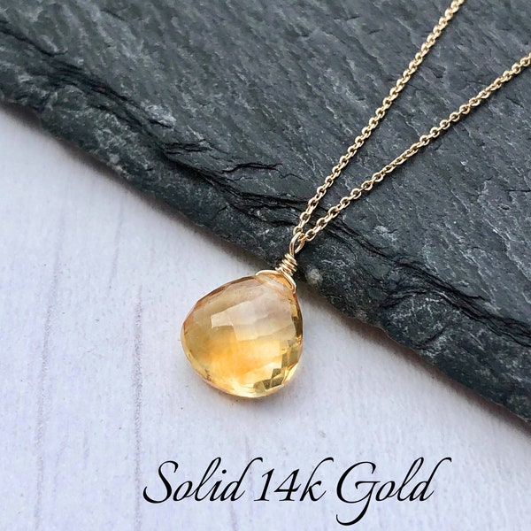 Yellow Topaz Necklace, November Birthstone, Yellow Topaz Teardrop Pendant, Solid 14k Gold, Real Gold Jewelry, Minimal Layering, Gift for her