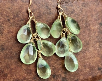 Prehnite Earrings, Lime Green Cluster Earrings Gold or Silver, Green Statement Jewelry, Boho Chic Dangle Earrings, Mint Gift for women