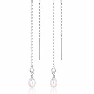 May include: A pair of silver threader earrings with a small, white pearl at the end of each chain. The earrings have a simple, elegant design, perfect for everyday wear. The chain is approximately 3 inches long.
