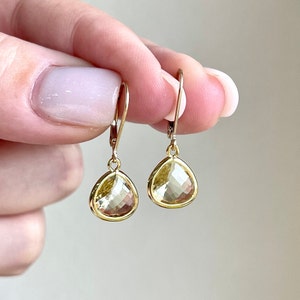 Yellow Topaz Teardrop Earrings, Light Yellow Drop Earrings in Gold Filled, November Birthstone, Small Dangle Bezeled Gemstone, Gift for her