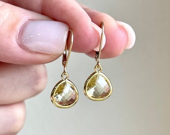 Yellow Topaz Teardrop Earrings, Light Yellow Drop Earrings in Gold Filled, November Birthstone, Small Dangle Bezeled Gemstone, Gift for her
