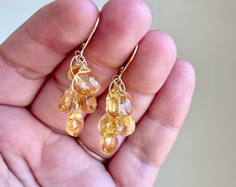 Yellow Topaz Earrings, Yellow Cluster Earrings in Gold or Silver, Teardrop Statement Drop Earrings, November Birthstone Jewelry Gift for her
