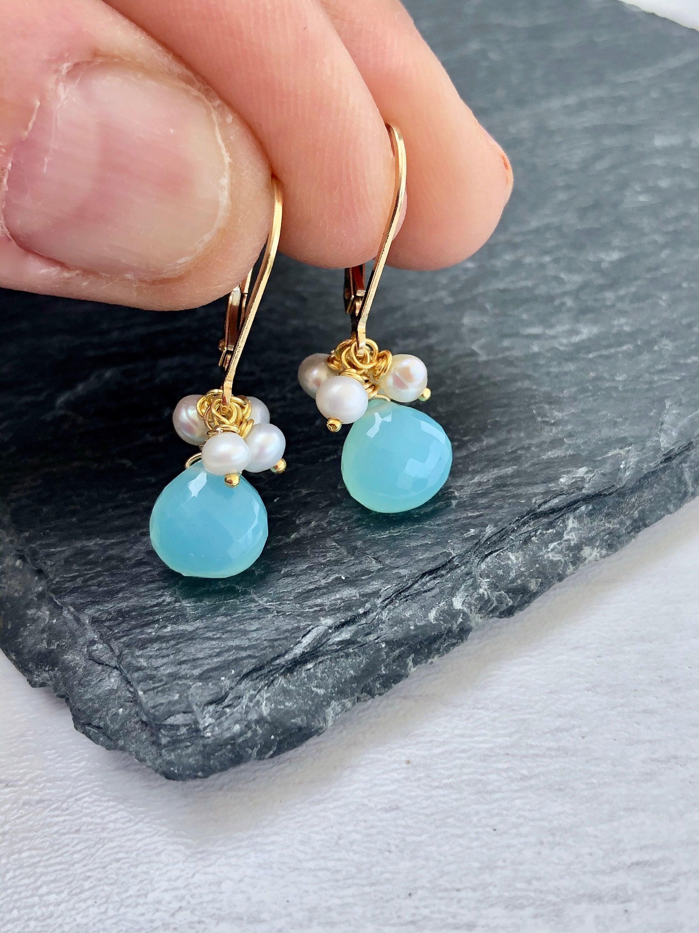 Aqua Chalcedony and Pearl Earrings, Blue and White Minimalist