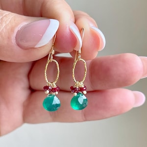Green Onyx and Ruby Earrings, Green and Red Small Earrings, May Birthstone, Emerald Earrings, Colorful Earrings, Tiny Dangles, Gift for her