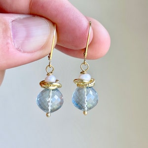 Aquamarine and Pearl Earrings, March Birthstone, Blue and White Dangle Earrings Gold or Silver, Delicate Gemstone Drops, March Gift for her