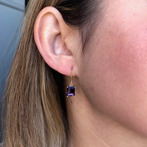 Amethyst Earrings, February Birthstone, Dark Purple Amethyst Emerald Cut Earrings in Gold or Silver, Rectangle prong Drops, Gift under 50 image 3