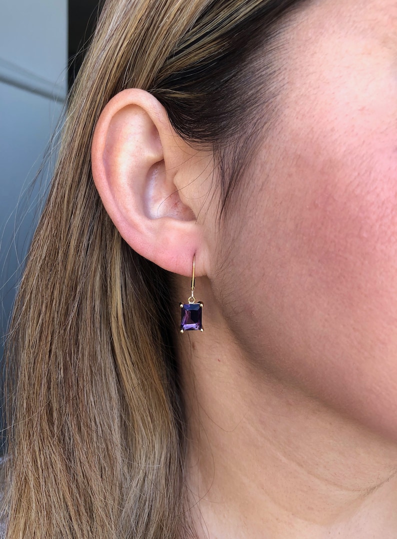 Amethyst Earrings, February Birthstone, Dark Purple Amethyst Emerald Cut Earrings in Gold or Silver, Rectangle prong Drops, Gift under 50 image 3