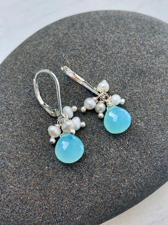 Blue Chalcedony Earrings, Pearl and Chalcedony Small Earrings