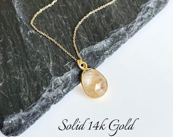 Rutilated Quartz Necklace, Solid 14K Gold Necklace, Minimalist Golden Rutilated Oval Pendant, Real Gold Jewelry, Neutral Gem Gift for women