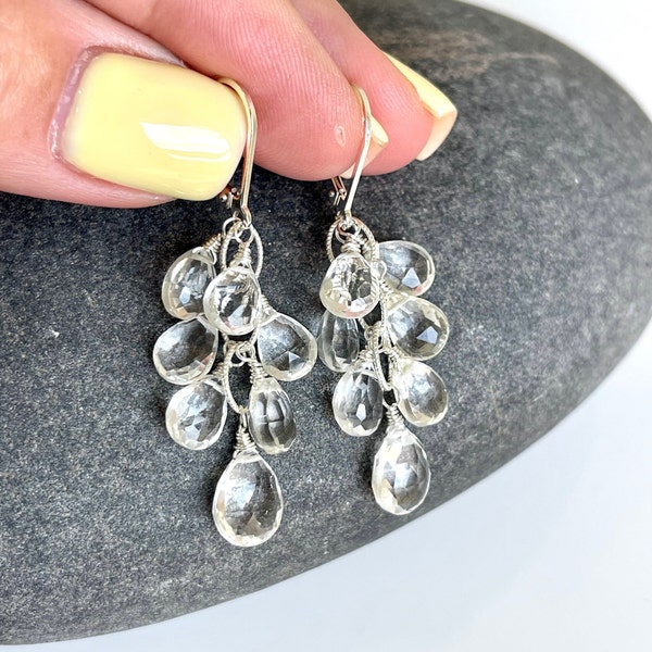 Rock Crystal Earrings, Clear Quartz Cluster Statement Earrings in Gold or Silver, April Birthstone, Healing Crystal Drops, Gift for Mom