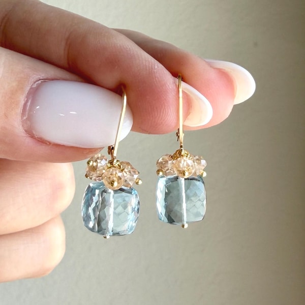 Aquamarine and Citrine Earrings, March Birthstone, Small Blue Cubes and Round Citrine Earrings, Minimalist Gemstone Jewelry, Gift for her