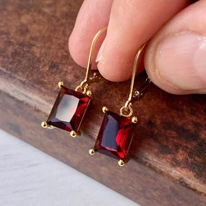 Garnet Earrings, January Birthstone, Dark Red Emerald Cut Earrings in Gold or Silver, Rectangular Baguette Drops, Garnet Jewelry for Women