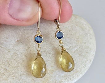 Yellow Topaz and Sapphire Earrings, Yellow and Navy Blue Drop Earrings in Gold or Silver, Elegant Topaz Jewelry, Holiday Gift for her