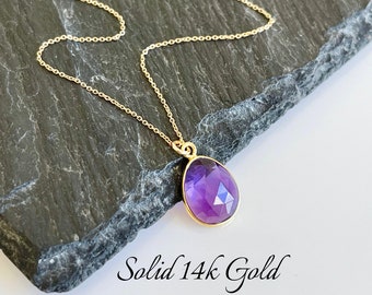 Amethyst Necklace, February Birthstone, Purple Amethyst Oval Pendant, Genuine Solid 14k Gold, Minimalist February Birthday gift for her