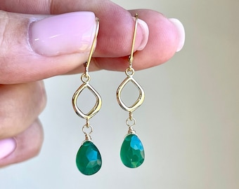 Green Onyx Earrings, May Birthstone, Emerald Green Teardrop Elongated Earrings in Gold or Silver, Hunter Green Gift for Mother's Day