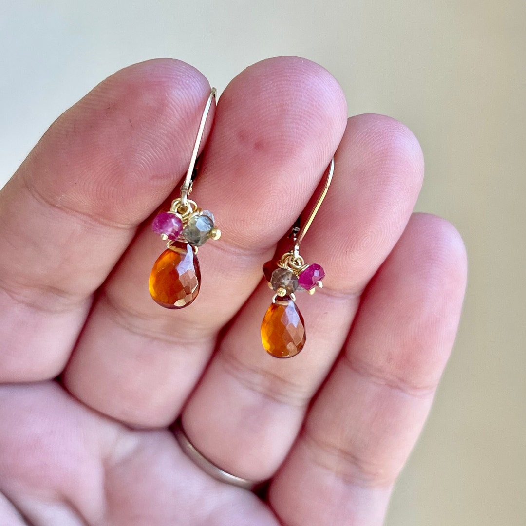 Hessonite Earrings, January Birthstone, Tiny Orange Drop