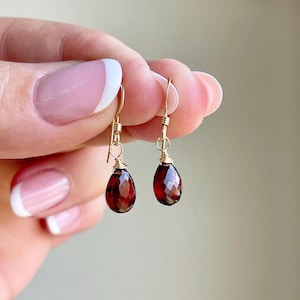 Garnet Earrings, January Birthstone, Tiny Red Teardrop Garnet Earrings in Gold or Silver, Minimalist Garnet Jewelry, Gift for her under 30