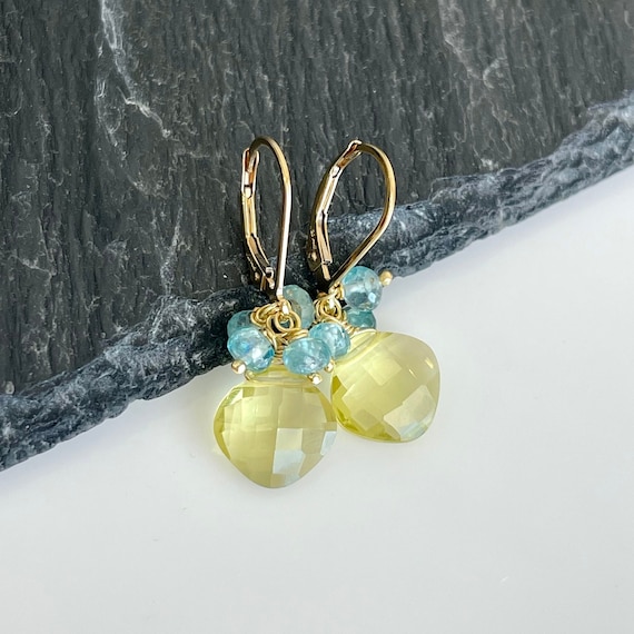 Lemon Topaz and Apatite Earrings, Yellow and Blue Marquise Small Earrings in Gold or Silver, Minimalist Summer Jewelry Gift under 50