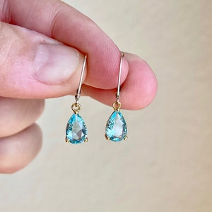 Aquamarine Earrings, March Birthstone, Tiny Sky Blue Teardrop Earrings in Gold or Silver, Pear Shape Drop Earrings, Small Jewelry for women