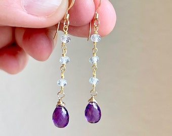 Amethyst and Aquamarine Earrings, Purple and Blue Dangle Drops, Elegant Beaded Earrings Gold or Silver, February Birthstone, Gift for women