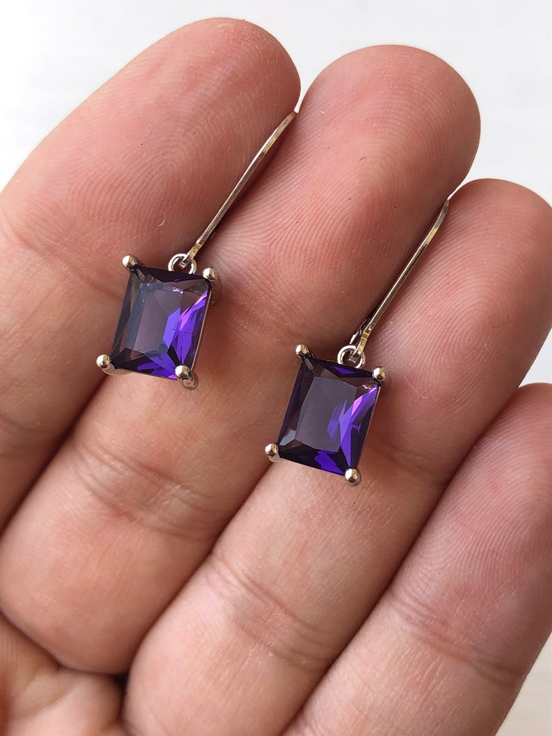 Amethyst Earrings, February Birthstone, Dark Purple Amethyst Emerald Cut Earrings in Gold or Silver, Rectangle prong Drops, Gift under 50 image 10