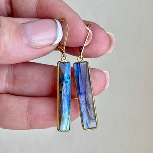 Labradorite Earrings, Blue Labradorite Elongated Bar Earrings in Gold or Silver, Thin Blue Bar Drop Earrings, Boho Summer Jewelry for her