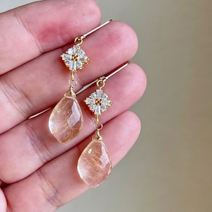 Rutilated Quartz Statement Earrings, Golden Rutilated Quartz Elongated Teardrop with Flower Drop in Gold, Floral Jewelry, Mother's Day Gift